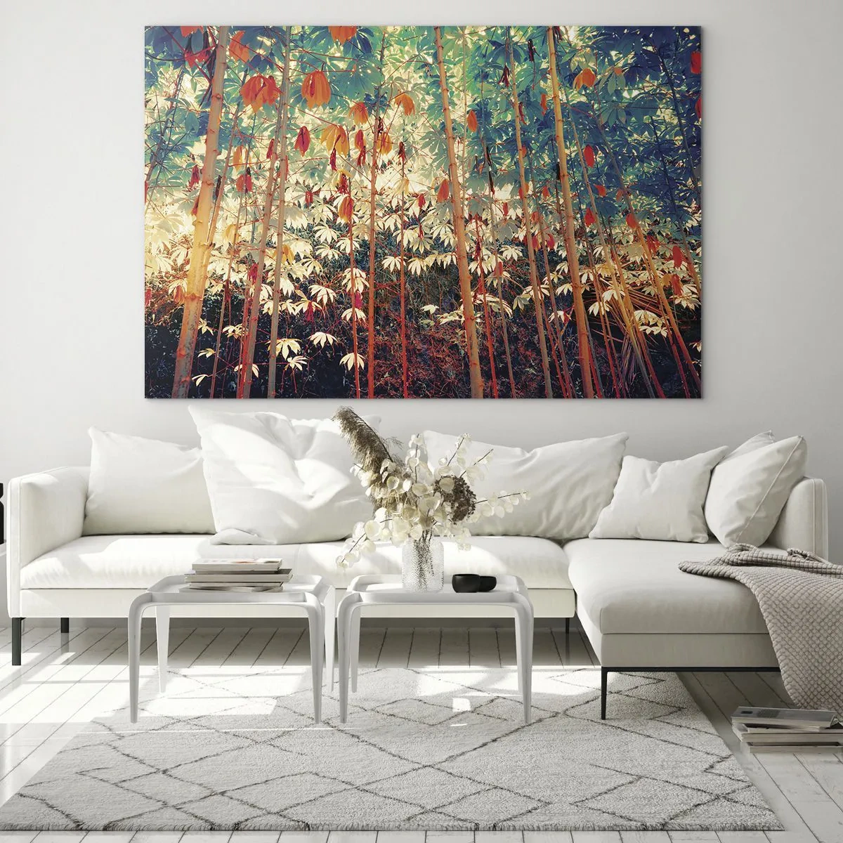 Obraz na szkle - Kolorowy las bambusowy z ciepłym oświetleniem - 100x70cm - Tajemne życie liści - Nowoczesna dekoracja ścienna do salonu, kuchni i sypialni ARTTOR