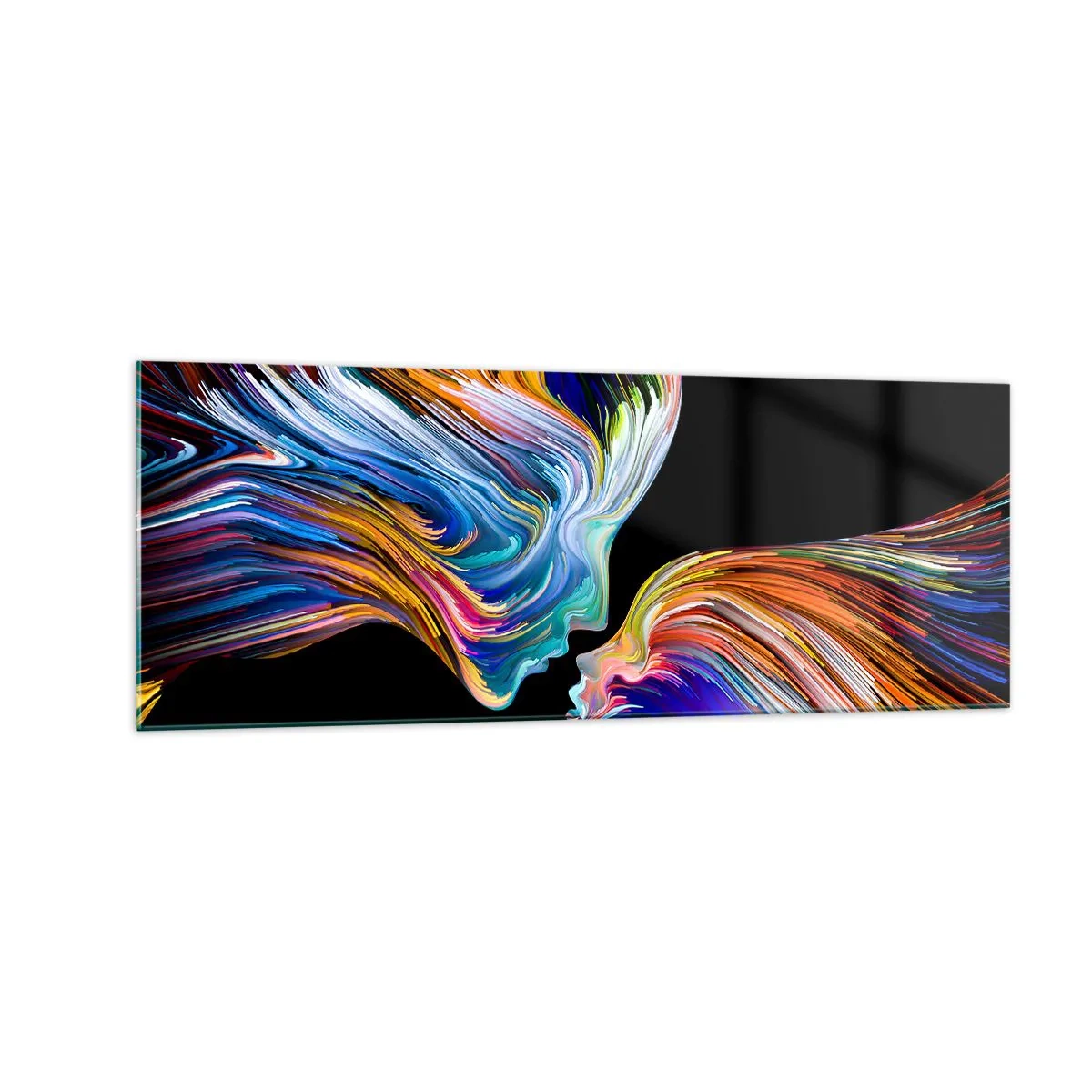 Obraz na szkle - Kolorowe sylwetki twarzy w dynamicznych strugach na czarnym tle - 140x50cm - Fuzja energii i światła - Nowoczesna dekoracja ścienna do salonu i sypialni ARTTOR