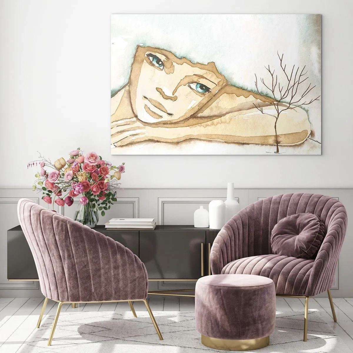 Obraz na szkle - Subtelna postać kobiety z drzewem na tle akwarelowych barw - 120x80cm - Drzewo poezji wyrasta z ciszy - Nowoczesna dekoracja ścienna do salonu, kuchni i sypialni ARTTOR