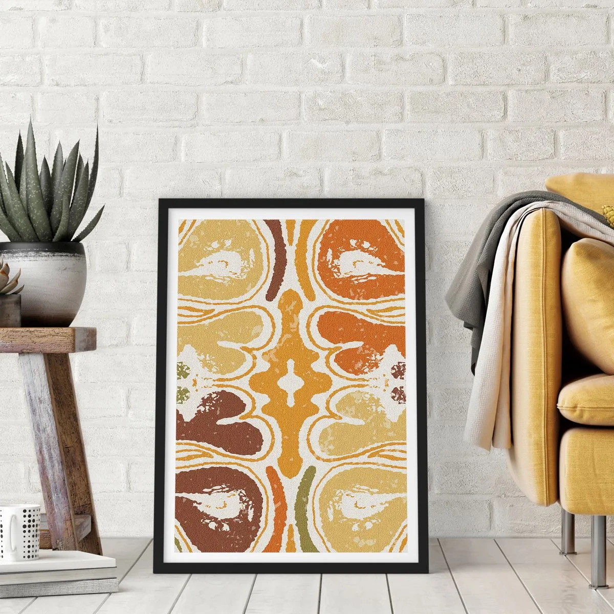 Plakat w czarnej ramie - Symetryczna abstrakcja w ciepłych barwach ziemi - 50x70cm - Abstrakcja sentymentalna - Nowoczesna dekoracja ścienna do salonu i sypialni ARTTOR