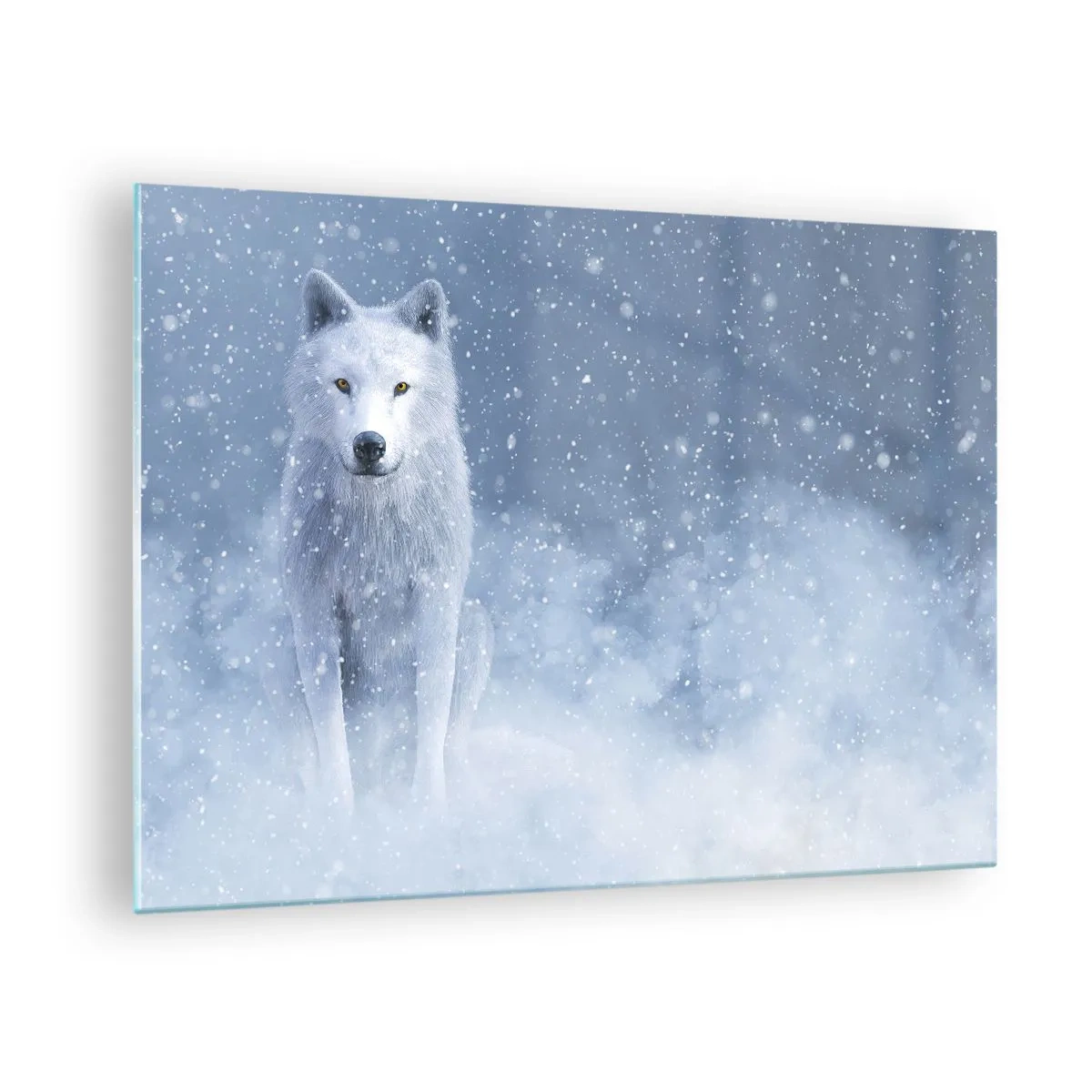 Obraz na szkle - Biały wilk w śnieżnej zamieci patrzący prosto - 70x50cm - W zimowym duchu - Nowoczesna dekoracja ścienna do salonu i sypialni ARTTOR