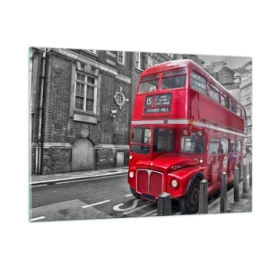 Obraz na szkle - Czerwony londyński autobus na czarno-białym tle ulicy - 120x80cm - Zawsze taki sam - Nowoczesna dekoracja ścienna do salonu, kuchni i sypialni ARTTOR