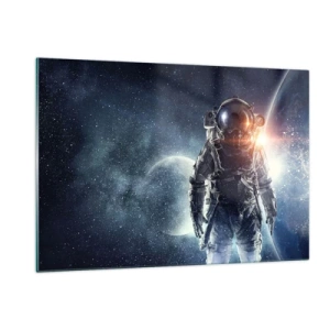 Obraz na szkle - Astronauta na tle planet i gwiazd - 120x80cm - Kosmiczna przygoda - Nowoczesna dekoracja ścienna do salonu, kuchni i sypialni ARTTOR