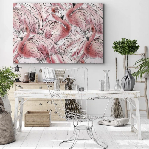 Obraz na płótnie - Ptasi corps de ballet - Delikatne rysunki różowych flamingów - 70x50cm