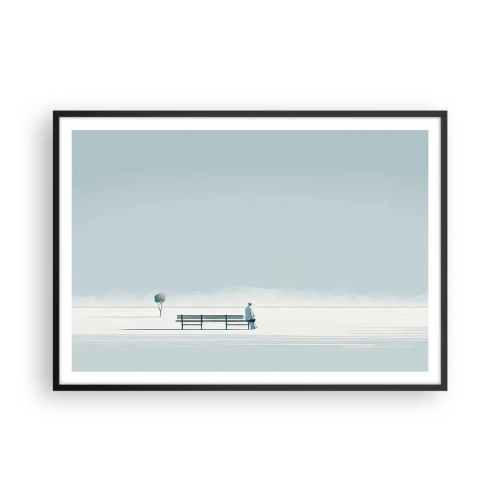 Plakat w czarnej ramie - Osoba siedząca na ławce w minimalistycznym krajobrazie - 100x70cm - Tak, czekam. - Nowoczesna dekoracja ścienna do salonu i sypialni ARTTOR
