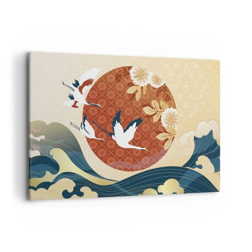 Obraz na płótnie - Japońska kompozycja z żurawiami i falami - 120x80cm - Japońska baśń - Nowoczesna dekoracja ścienna do salonu, kuchni i sypialni ARTTOR