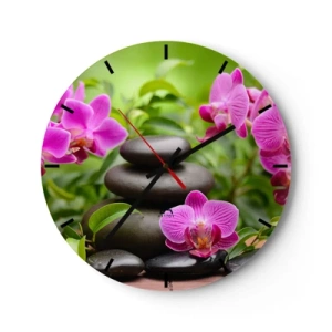 Zegar ścienny - Czarne kamienie i różowe orchidee na tle zieleni - 30x30cm - Piramida spokoju - Nowoczesna dekoracja ścienna do salonu, kuchni i sypialni ARTTOR