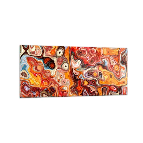 Obraz na szkle - Abstrakcyjna kompozycja w ciepłych odcieniach czerwieni, pomarańczu i żółci - 120x50cm - Gdyby orzechy rozpływały się w miodzie - Nowoczesna dekoracja ścienna do salonu i sypialni ARTTOR