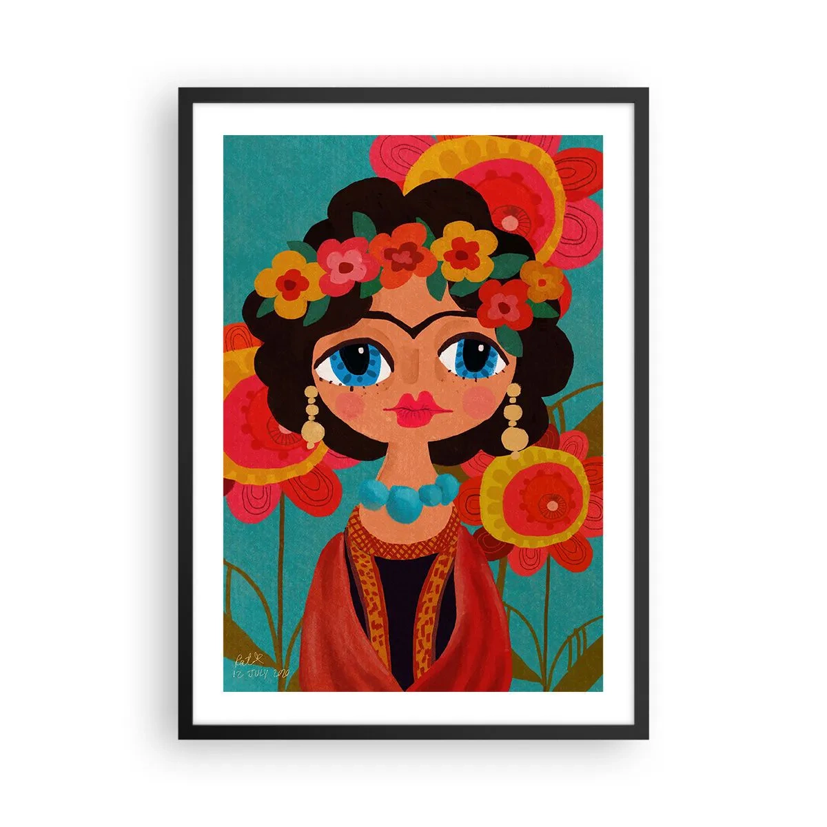 Plakat w czarnej ramie - Kolorowy portret kobiety w stylu folkowym i kwiatowej koronie - 50x70cm - Makowa panienka - Nowoczesna dekoracja ścienna do salonu i sypialni ARTTOR