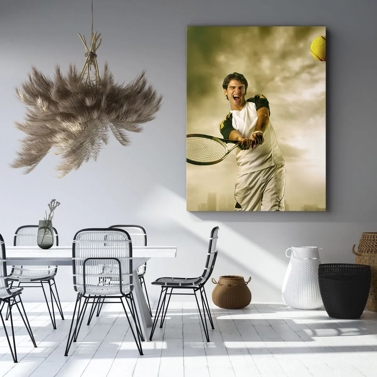 Obraz na płótnie - Mężczyzna w dynamicznej akcji tenisowej z rakietą - 50x70cm - Energia i radość - Nowoczesna dekoracja ścienna do salonu, kuchni i sypialni ARTTOR