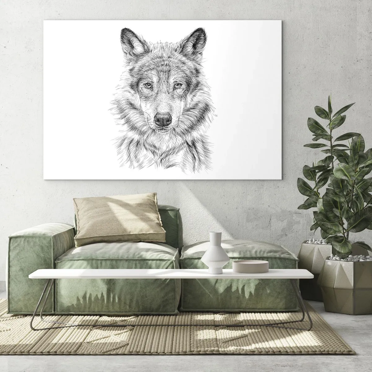 Obraz na szkle - Czarno-biały szkic głowy wilka na białym tle - 70x50cm - Urodzony przywódca - Nowoczesna dekoracja ścienna do salonu i sypialni ARTTOR