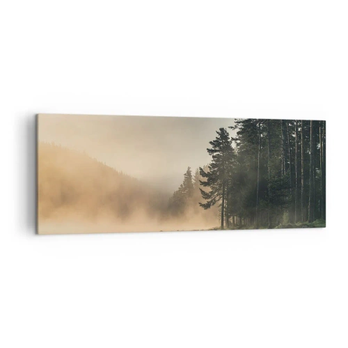 Obraz na płótnie - Mglisty las nad spokojnym jeziorem - 140x50cm - Narodziny dnia - Nowoczesna dekoracja ścienna do salonu i sypialni ARTTOR