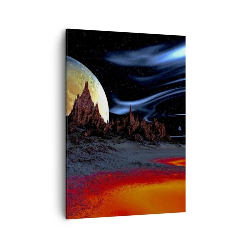 Obraz na płótnie - Fantastyczny krajobraz z wulkanami i planetą w tle - 50x70cm - Nieznany świat - Nowoczesna dekoracja ścienna do salonu, kuchni i sypialni ARTTOR