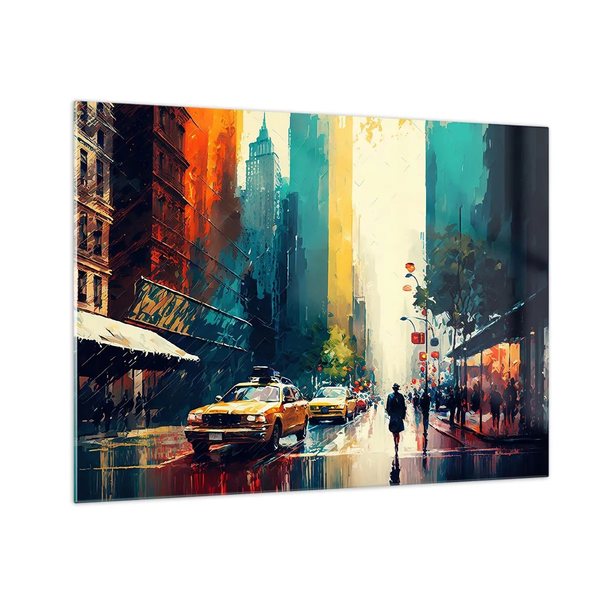 Obraz na szkle - Kolorowe taksówki i wieżowce na mokrej ulicy miasta - 70x50cm - Nowy Jork – tu nawet deszcz jest kolorowy - Nowoczesna dekoracja ścienna do salonu i sypialni ARTTOR