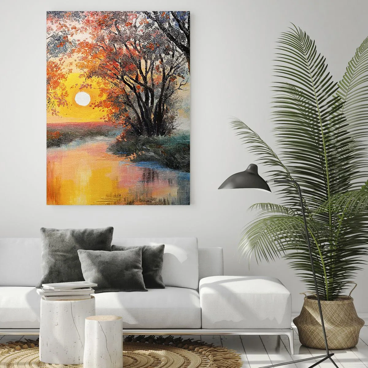 Obraz na szkle - Zachód słońca nad rzeką w jesiennym krajobrazie - 70x100cm - Jesienne klimaty - Nowoczesna dekoracja ścienna do salonu i sypialni ARTTOR