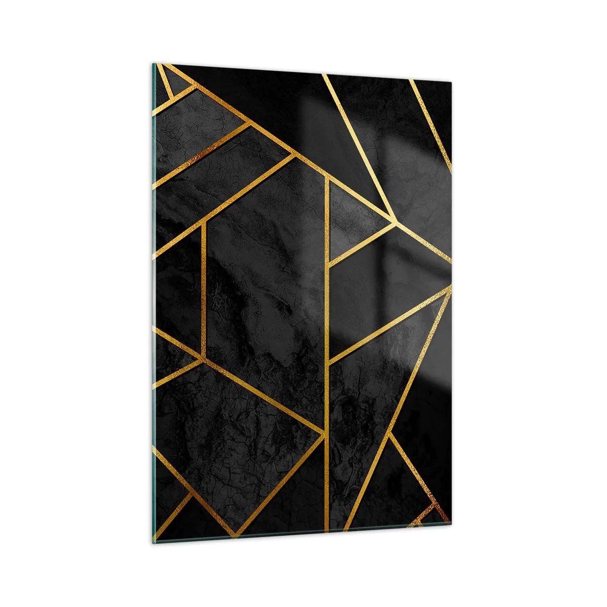 Obraz na szkle - Czarno-złota geometryczna kompozycja na marmurowym tle - 50x70cm - Mrok i blask - Nowoczesna dekoracja ścienna do salonu, kuchni i sypialni ARTTOR