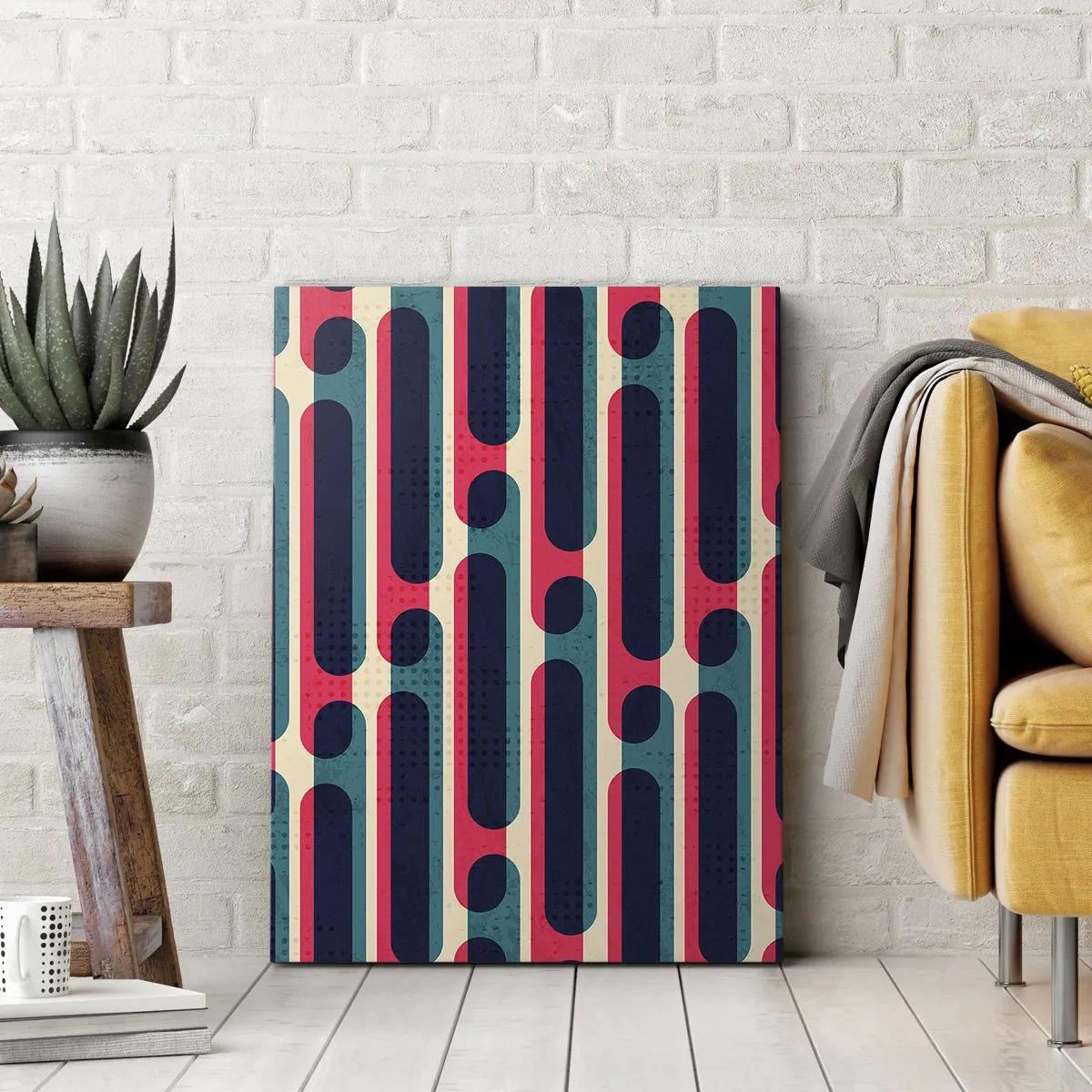 Obraz na płótnie - Abstrakcyjny wzór geometryczny w kolorach granatu, różu i turkusu - 50x70cm - W głąb i do przodu - Nowoczesna dekoracja ścienna do salonu, kuchni i sypialni ARTTOR