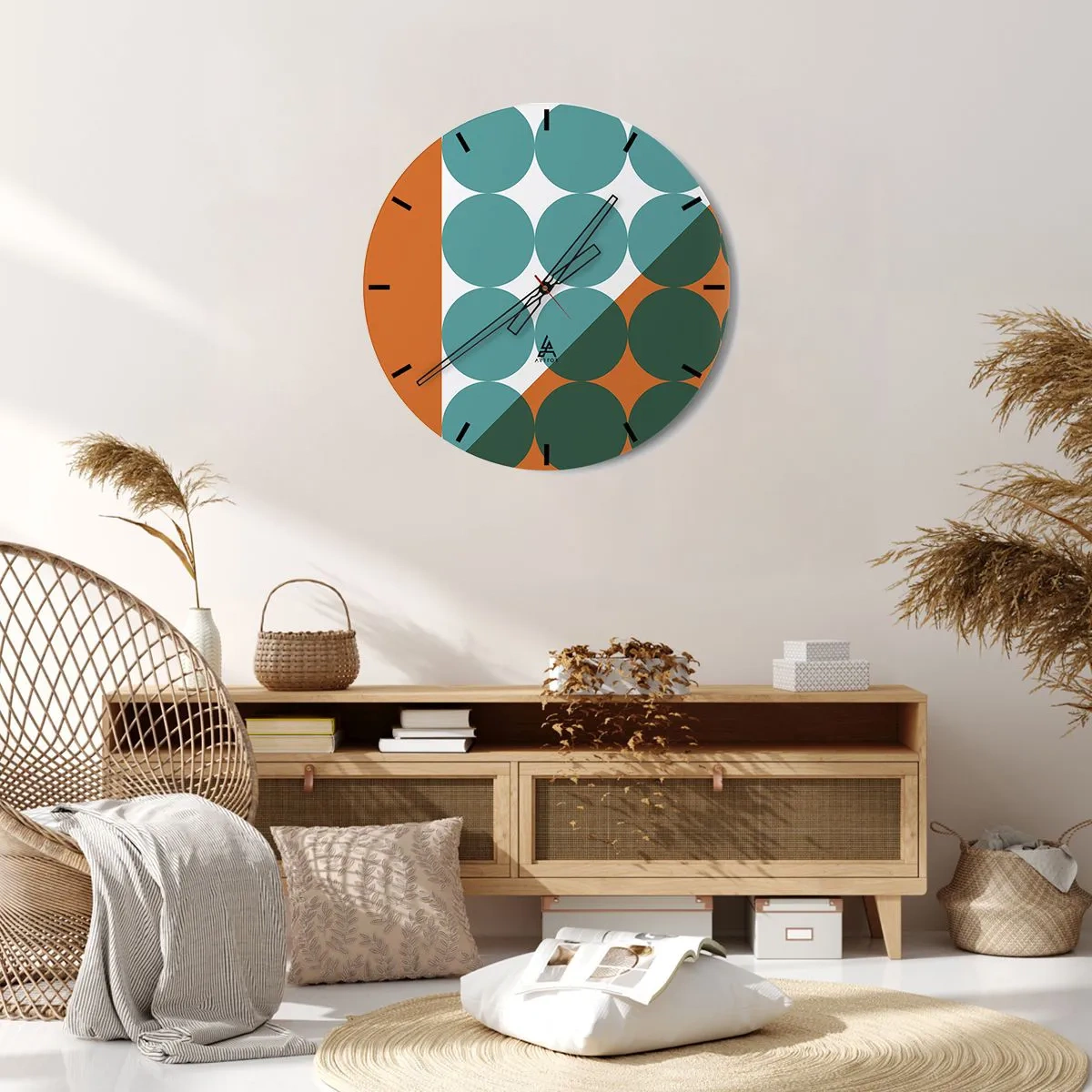 Zegar ścienny - Geometryczne koła w odcieniach zieleni i pomarańczu - 30x30cm - W górę i na skos - Nowoczesna dekoracja ścienna do salonu, kuchni i sypialni ARTTOR