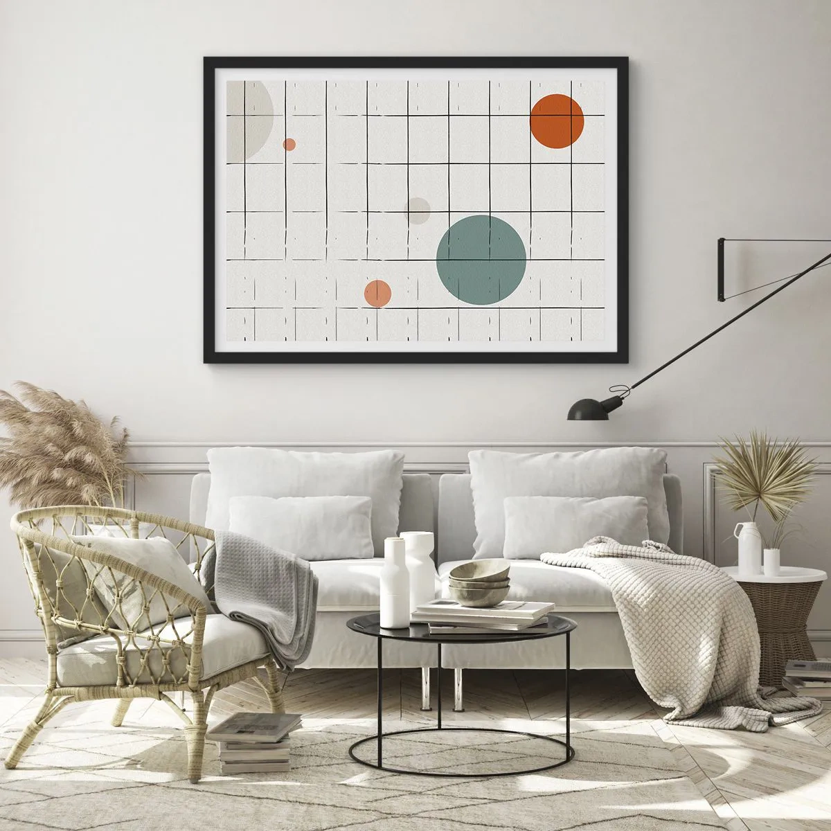 Plakat w czarnej ramie - Abstrakcyjne okręgi w kolorach na tle geometrycznej siatki - 70x50cm - Uwięzione. My czy one? - Nowoczesna dekoracja ścienna do salonu i sypialni ARTTOR