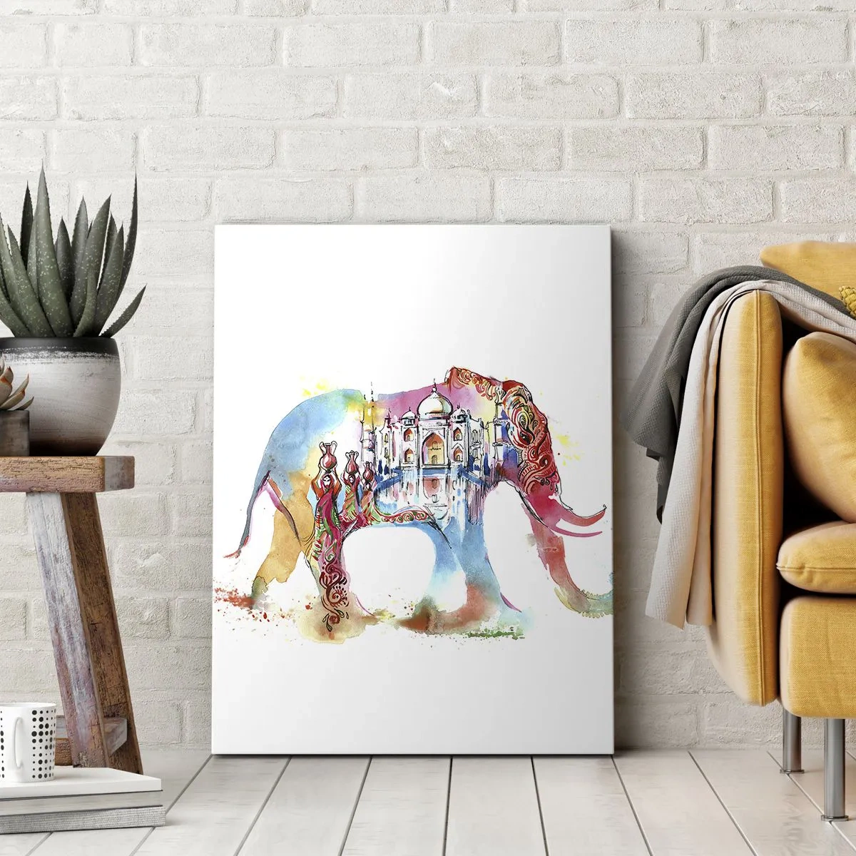 Obraz na płótnie - Akwarelowy słoń z indyjskimi motywami i Taj Mahal w tle - 50x70cm - Indie - aura miłości - Nowoczesna dekoracja ścienna do salonu, kuchni i sypialni ARTTOR