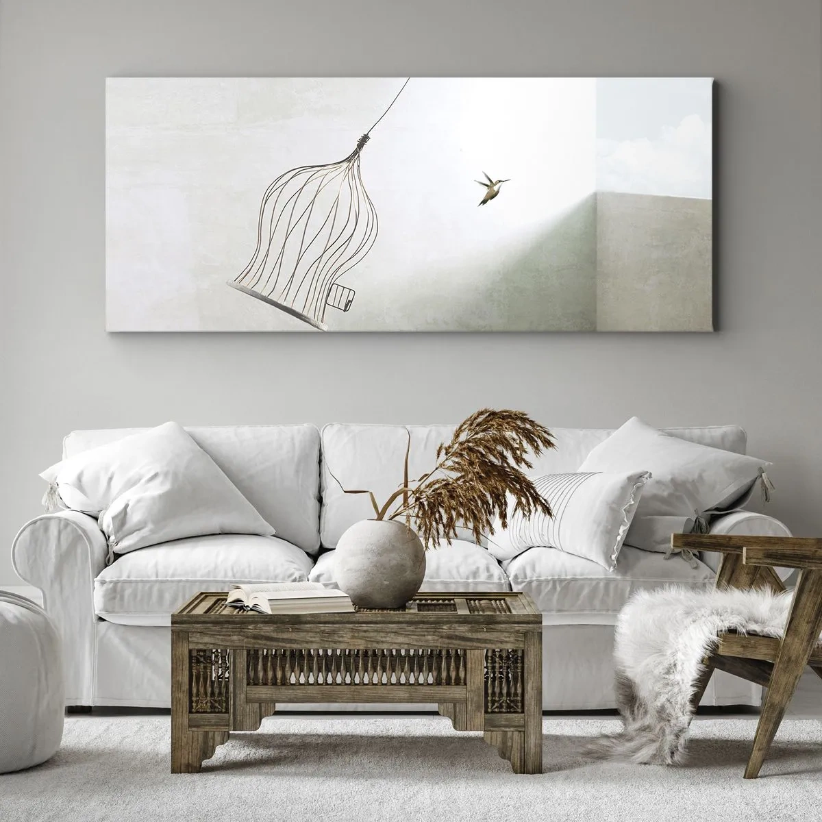 Obraz na płótnie - Ptaszek uwolniony z klatki na tle jasnego nieba - 160x50cm - W swoim żywiole - Nowoczesna dekoracja ścienna do salonu i sypialni ARTTOR
