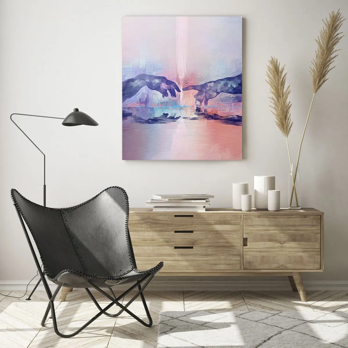 Obraz na szkle - Abstrakcyjne dłonie zbliżające się do siebie na tle pastelowym - 50x70cm - Boska iskra życia - Nowoczesna dekoracja ścienna do salonu, kuchni i sypialni ARTTOR