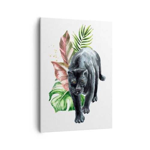 Obraz na płótnie - Czarna pantera na tle tropikalnych liści - 50x70cm - Dzikość serca - Nowoczesna dekoracja ścienna do salonu, kuchni i sypialni ARTTOR