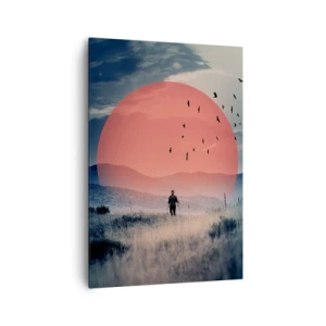 Obraz na płótnie - Sylwetka mężczyzny na polu z wielkim czerwonym słońcem w tle - 70x100cm - W swoich żywiołach - Nowoczesna dekoracja ścienna do salonu i sypialni ARTTOR
