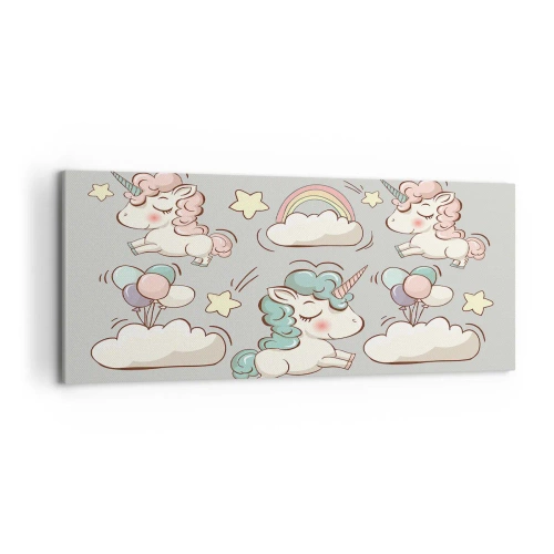 Obraz na płótnie - Urocze jednorożce na pastelowym tle - 120x50cm - Na pewno istnieją… - Nowoczesna dekoracja ścienna do salonu i sypialni ARTTOR