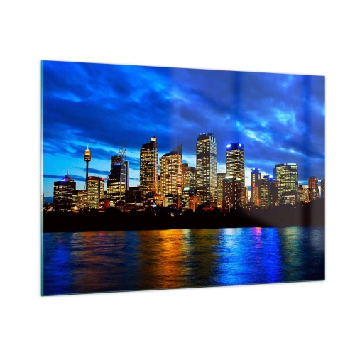 Obraz na szkle - Panorama nocnego miasta odbijająca się w wodzie - 100x70cm - Noc świateł i barw - Nowoczesna dekoracja ścienna do salonu, kuchni i sypialni ARTTOR