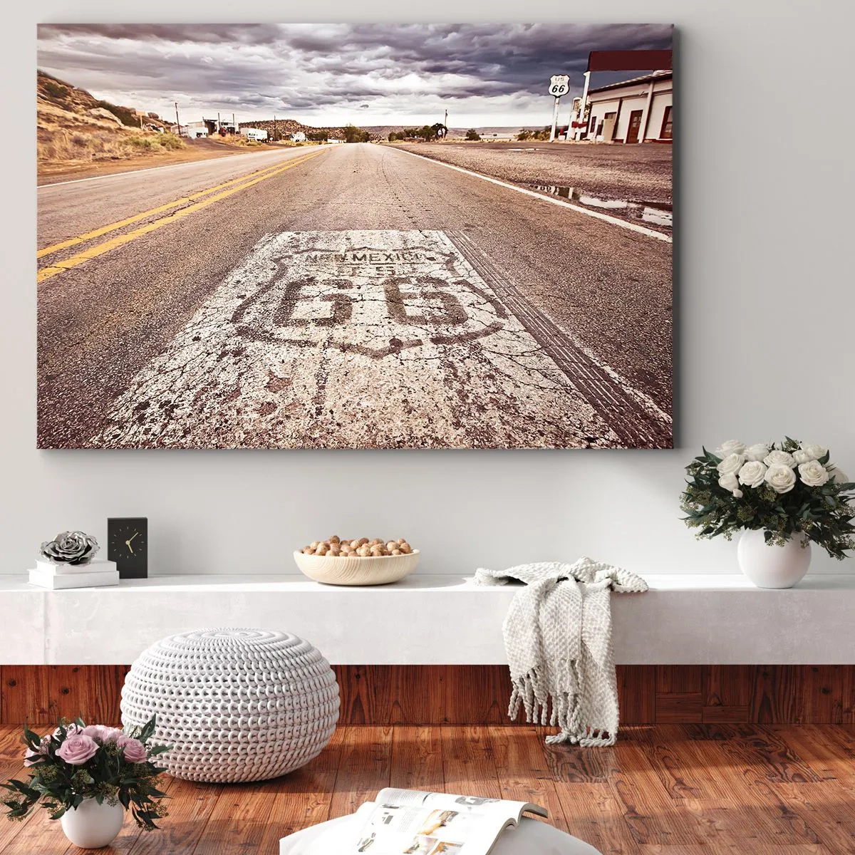 Obraz na płótnie - Droga Route 66 w klimacie pustynnym z malowniczym niebem - 120x80cm - Mother Road - amerykańska legenda - Nowoczesna dekoracja ścienna do salonu, kuchni i sypialni ARTTOR