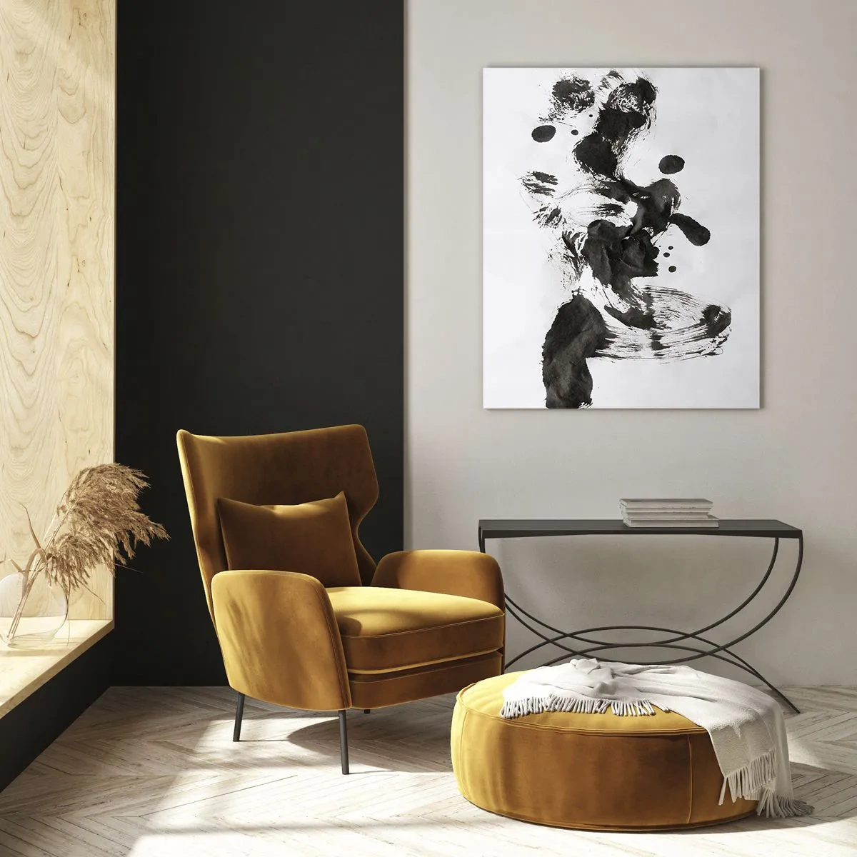 Obraz na szkle - Abstrakcyjna czarna plama i pociągnięcia pędzla na białym tle - 50x70cm - W szaleństwie metoda? - Nowoczesna dekoracja ścienna do salonu, kuchni i sypialni ARTTOR