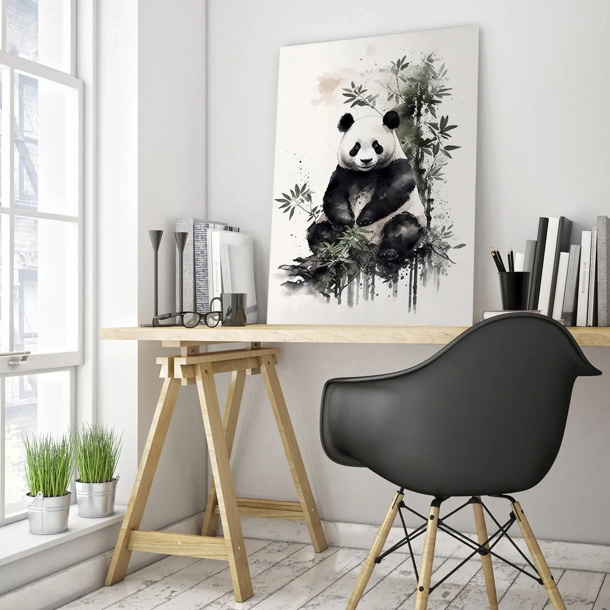 Obraz na szkle - Urocza panda siedząca wśród bambusowych liści w akwarelowym stylu - 80x120cm - Pozdrowienia z Chin - Nowoczesna dekoracja ścienna do salonu i sypialni ARTTOR