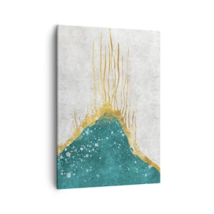 Obraz na płótnie - Abstrakcyjna kompozycja z turkusową górą i złotymi liniami na jasnym tle - 50x70cm - Złoty przypływ - Nowoczesna dekoracja ścienna do salonu, kuchni i sypialni ARTTOR
