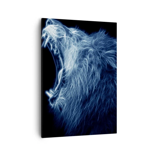 Obraz na płótnie - Grafika lwa w neonowym, abstrakcyjnym stylu na czarnym tle - 50x70cm - Płomienny gniew króla - Nowoczesna dekoracja ścienna do salonu, kuchni i sypialni ARTTOR