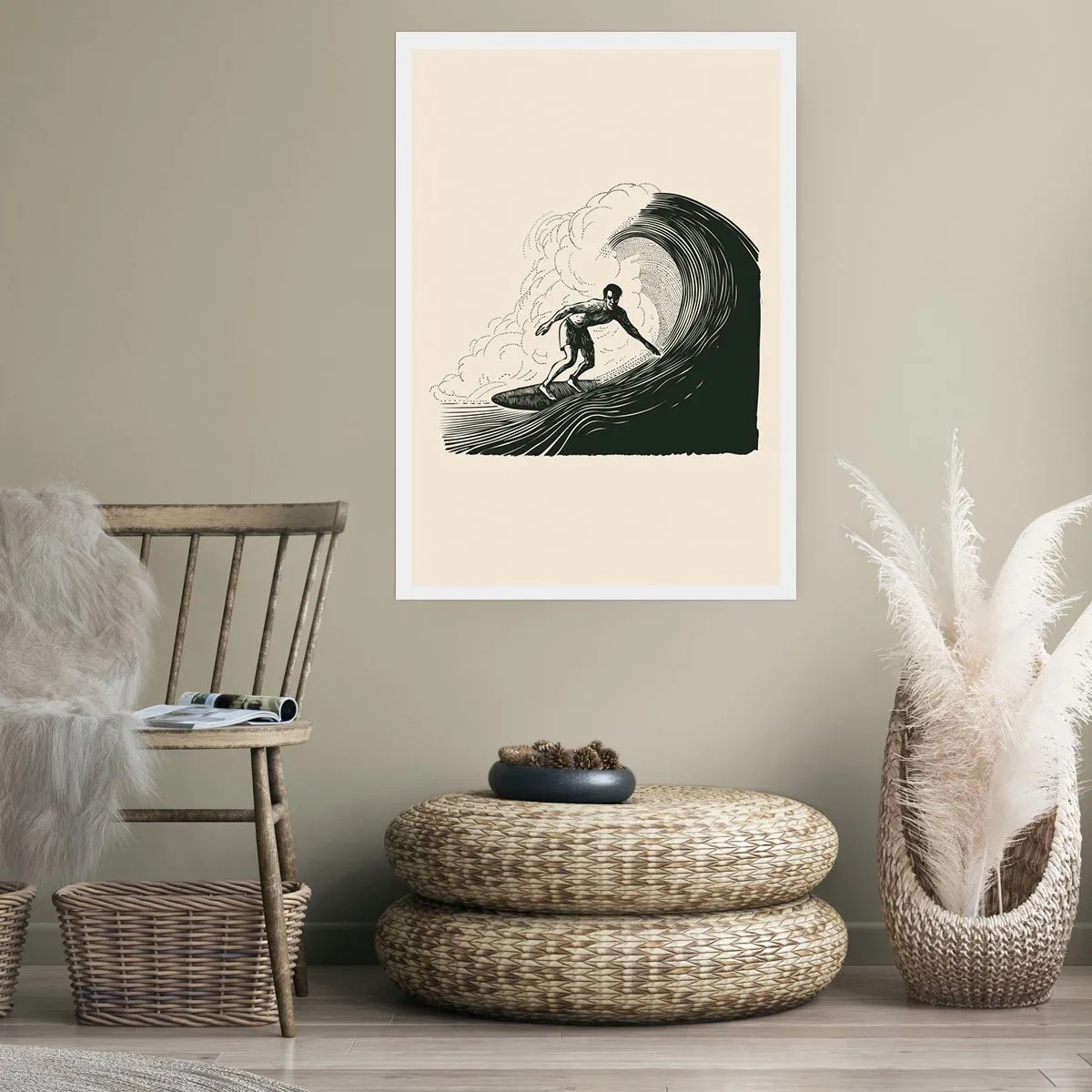 Plakat - Grafika surfera na fali w stylu retro, czarno-kremowa kompozycja - 50x70cm - Król fali - Nowoczesna dekoracja ścienna do salonu, kuchni i sypialni ARTTOR