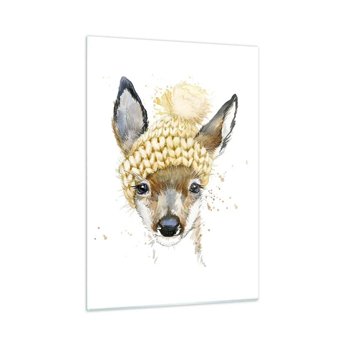 Obraz na szkle - Sarna w wełnianej czapce z pomponem - 50x70cm - Na zimę w śnieżnym lesie - Nowoczesna dekoracja ścienna do salonu, kuchni i sypialni ARTTOR