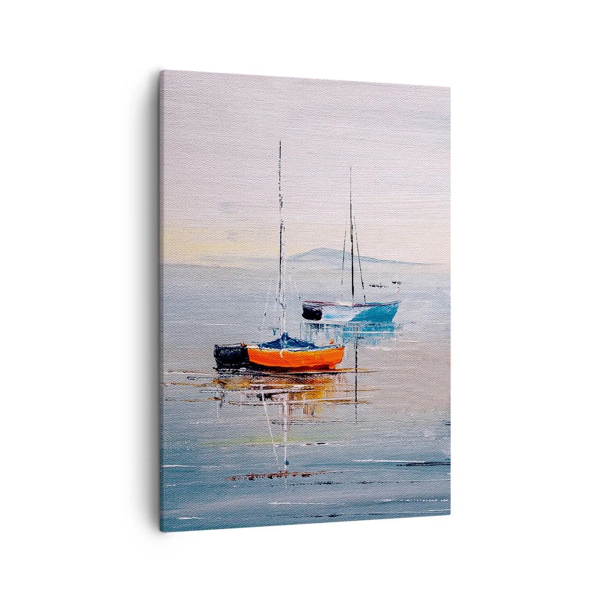 Obraz na płótnie - Żaglówki na spokojnej wodzie o wschodzie słońca - 50x70cm - Zasłużony odpoczynek - Nowoczesna dekoracja ścienna do salonu, kuchni i sypialni ARTTOR