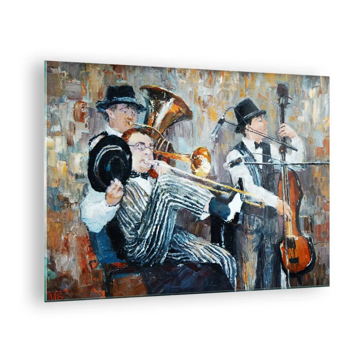 Obraz na szkle - Zespół jazzowy w klimatycznej impresjonistycznej scenie - 70x50cm - Cały ten jazz - Nowoczesna dekoracja ścienna do salonu i sypialni ARTTOR