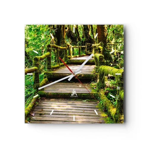 Zegar ścienny - Drewniany most porośnięty mchem w tropikalnym lesie deszczowym - 30x30cm - Korytarzem zieleni - Nowoczesna dekoracja ścienna do salonu i sypialni ARTTOR