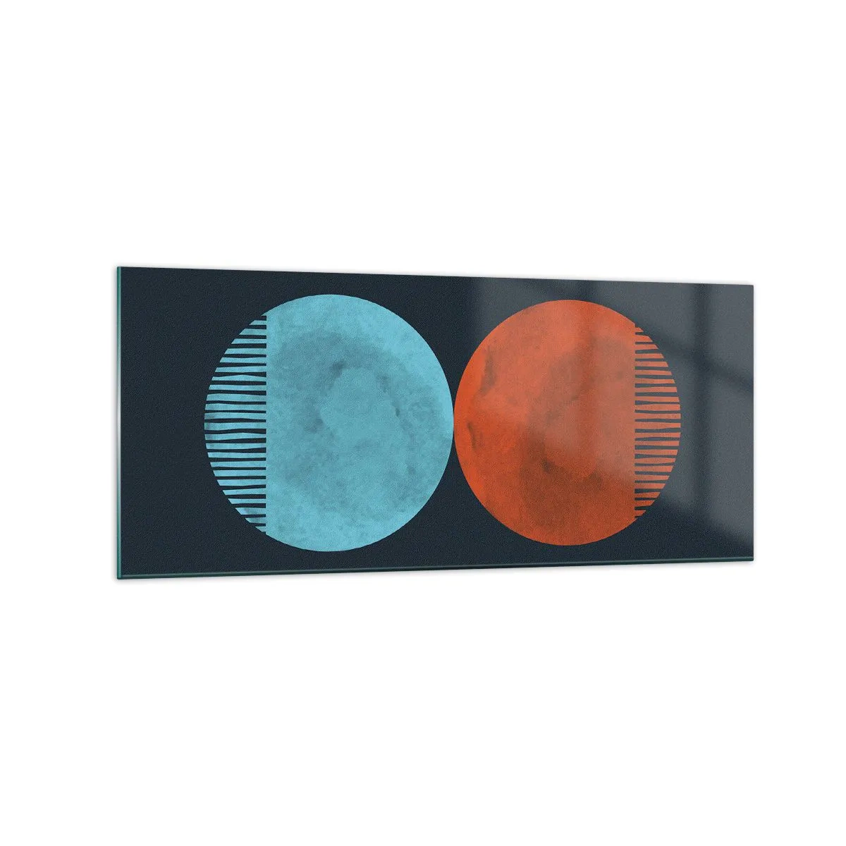 Obraz na szkle - Minimalistyczne dwa koła w kolorach niebieskim i pomarańczowym - 120x50cm - Tylko geometria? - Nowoczesna dekoracja ścienna do salonu i sypialni ARTTOR