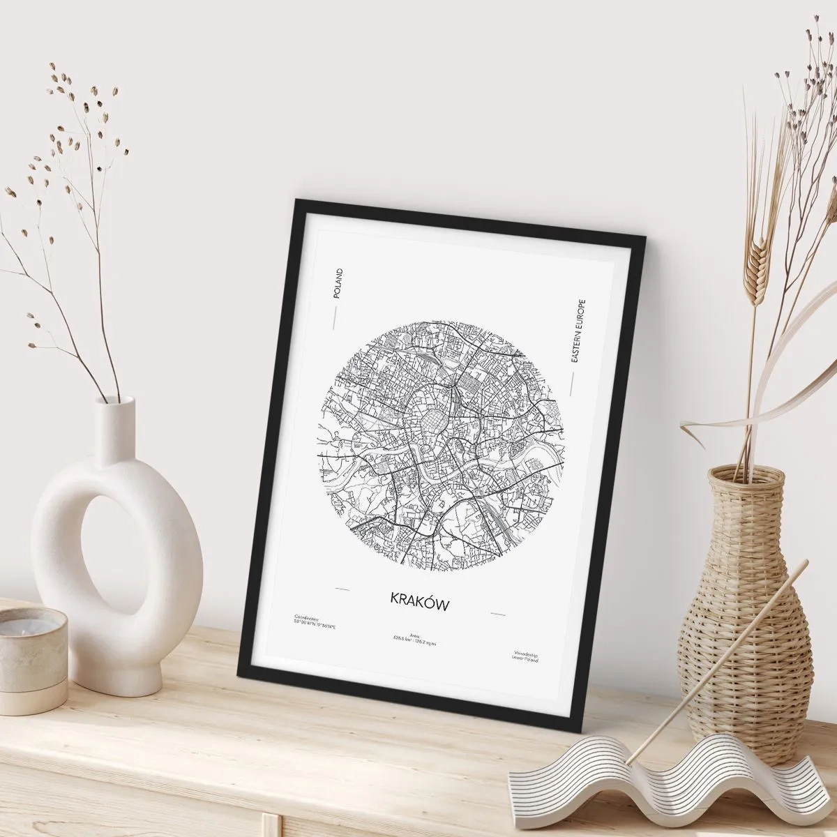 Plakat w czarnej ramie - Minimalistyczna mapa Krakowa w okręgu - 50x70cm - Anatomia Krakowa - Nowoczesna dekoracja ścienna do salonu i sypialni ARTTOR
