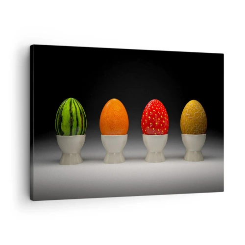 Obraz na płótnie - Kolorowe jajka przypominające owoce na ciemnym tle - 70x50cm - Owocowe śniadanie - Nowoczesna dekoracja ścienna do salonu i sypialni ARTTOR