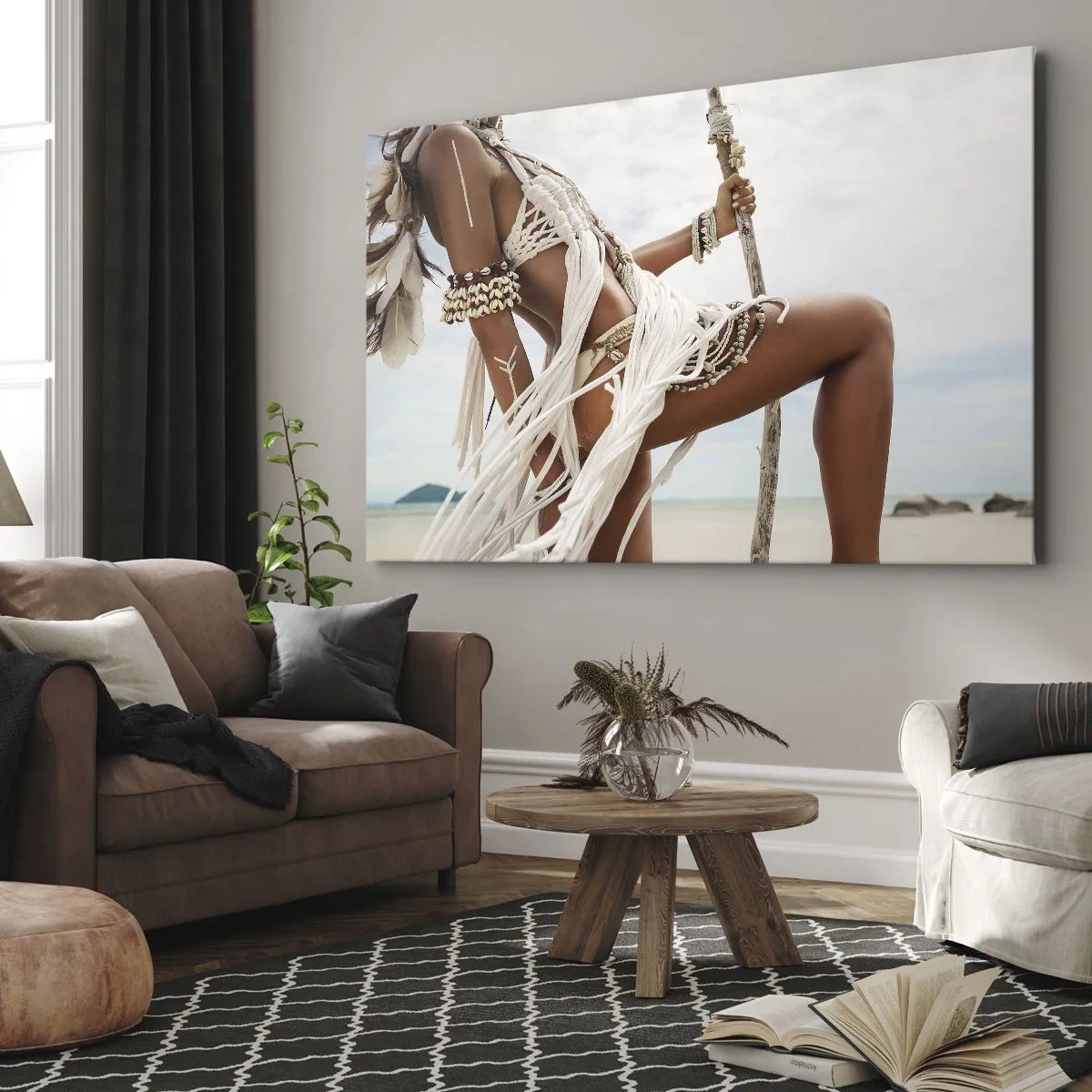 Obraz na płótnie - Postać kobiety w etnicznych ozdobach i stroju na tle tropikalnego krajobrazu - 120x80cm - Kapłanka słońca - Nowoczesna dekoracja ścienna do salonu, kuchni i sypialni ARTTOR