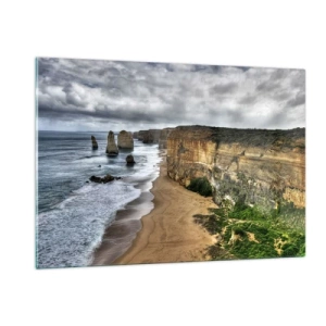 Obraz na szkle - Klify z widokiem na ocean i plażę pod pochmurnym niebem - 120x80cm - Surowe piękno - Nowoczesna dekoracja ścienna do salonu, kuchni i sypialni ARTTOR