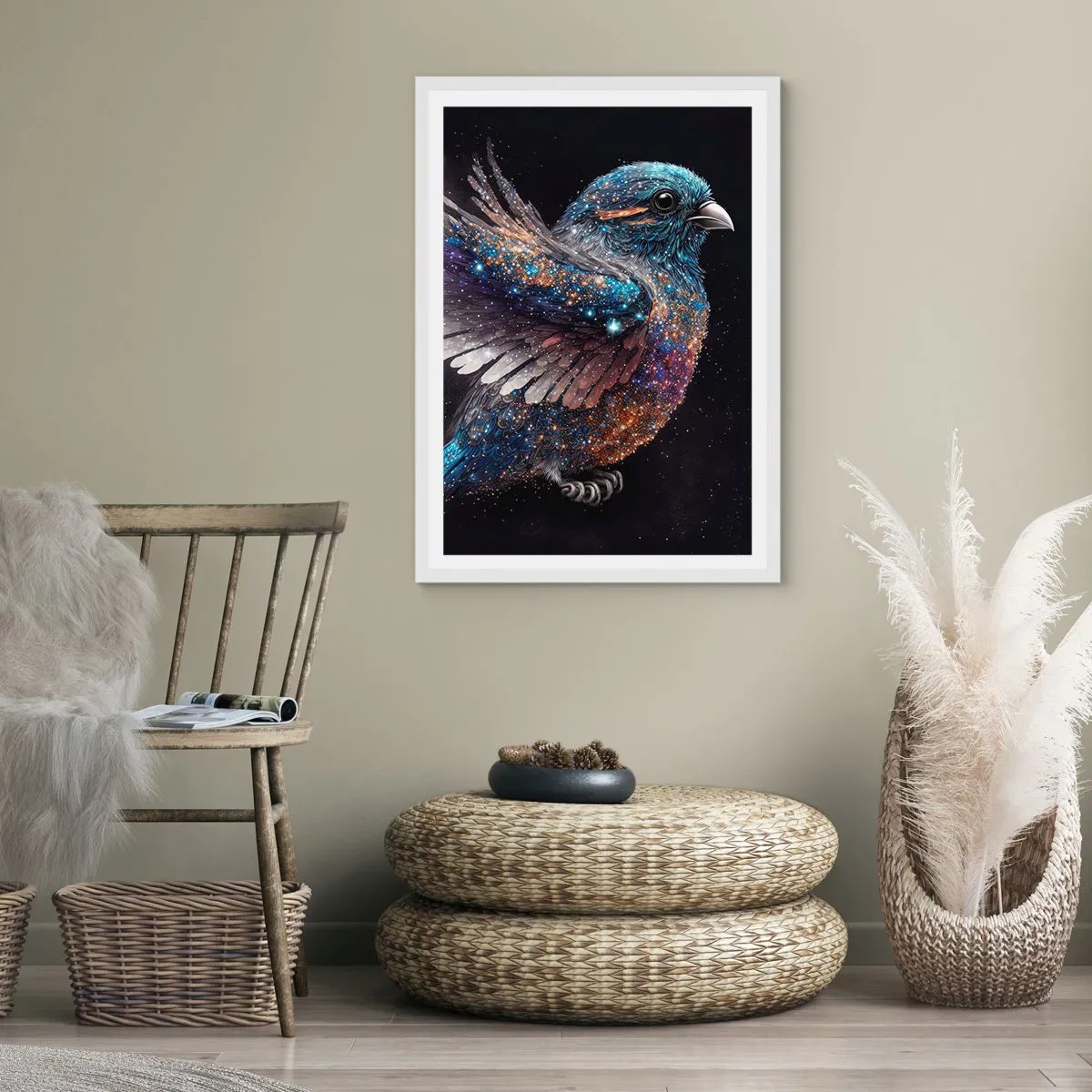 Plakat w białej ramie - Diamentowy wróbel - 50x70 cm