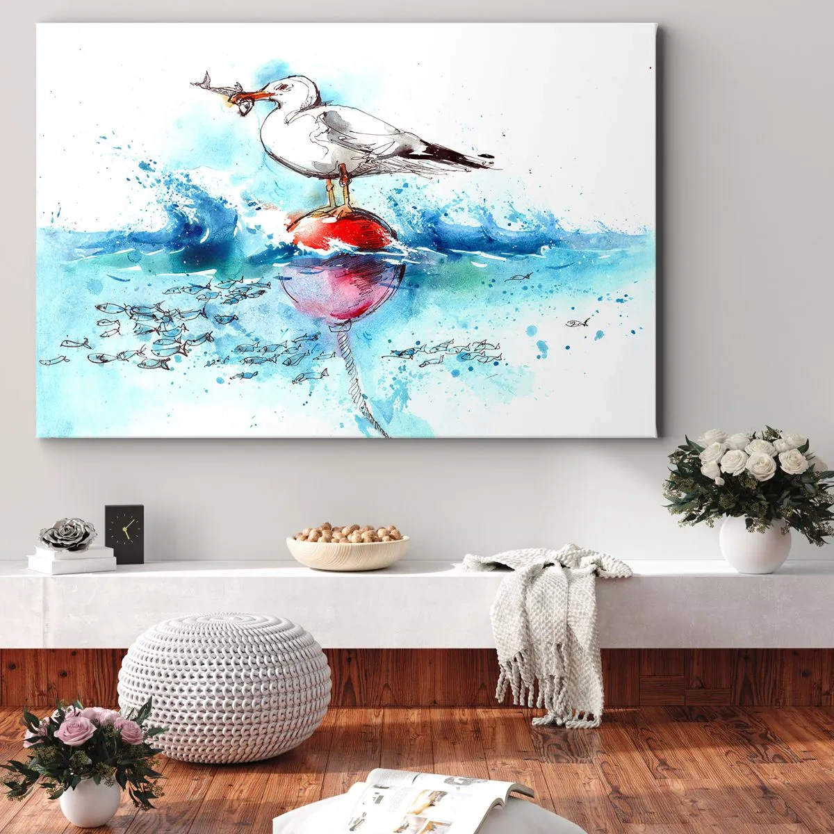 Obraz na płótnie - Mewa na boi z rybami w tle w akwarelowym stylu - 70x50cm - Udany połów - Nowoczesna dekoracja ścienna do salonu i sypialni ARTTOR