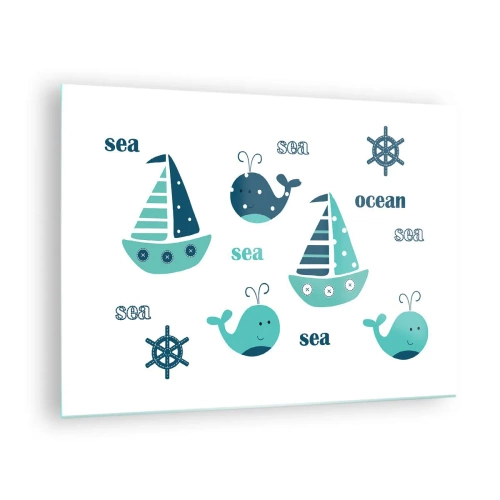 Obraz na szkle - Morski motyw z żaglówkami i wielorybami - 70x50cm - Przez morza i oceany - Nowoczesna dekoracja ścienna do salonu i sypialni ARTTOR