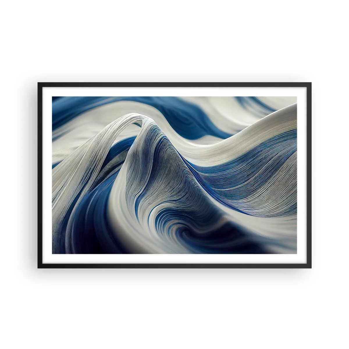 Plakat w czarnej ramie - Płynność błękitu i bieli - 91x61 cm
