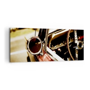 Obraz na płótnie - Zbliżenie na lusterko i wnętrze klasycznego samochodu retro - 120x50cm - Auto z duszą - Nowoczesna dekoracja ścienna do salonu i sypialni ARTTOR
